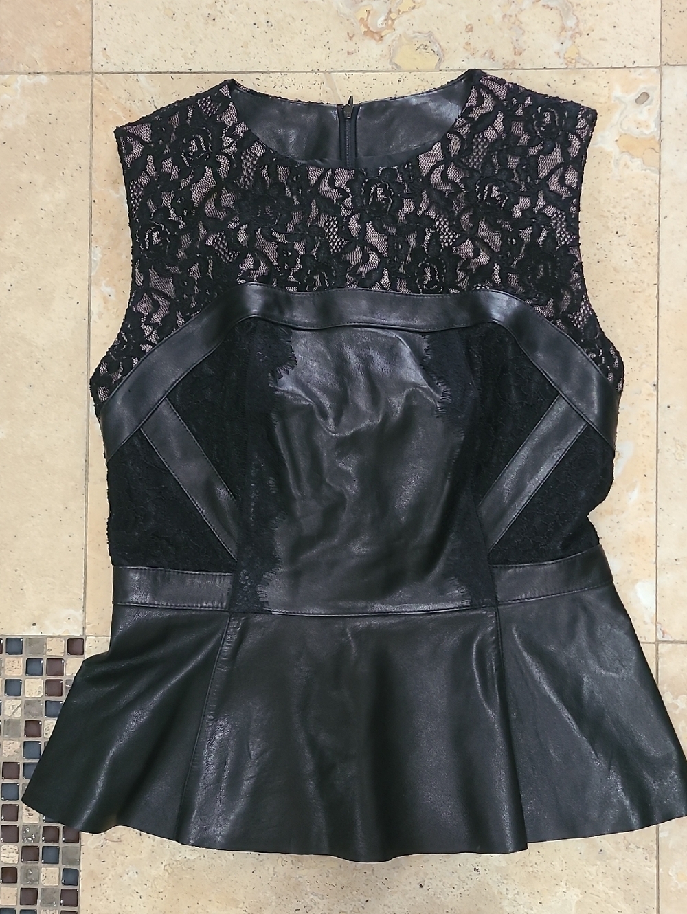 ANTONIO MELANI Black Lace & Genuine Leather Peplum Top